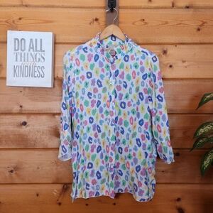 Multiples‎ Floral Multi Abstract Ruffle Button Down Shirt Adjustable Collar Sx S